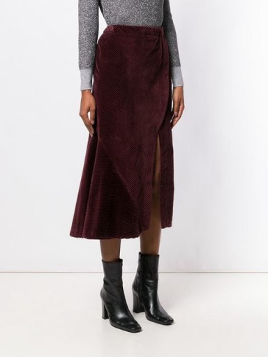 CÉDRIC CHARLIER high waisted corduroy skirt in bordeaux | front slit | asymmetric style