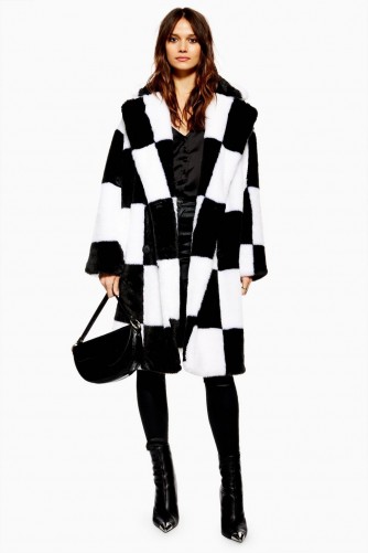 Topshop Checkerboard Faux Fur Coat in monochrome | glamorous black and white winter coats