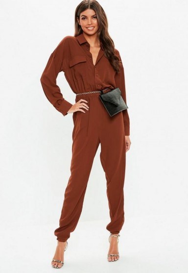MISSGUIDED chocolate utility jumpsuit – brown cuffed hem jumpsuits - flipped