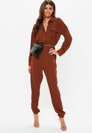 MISSGUIDED chocolate utility jumpsuit – brown cuffed hem jumpsuits