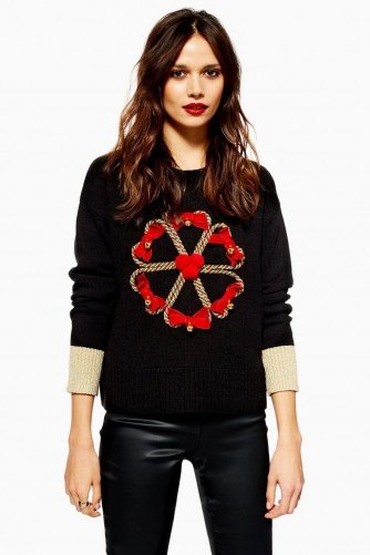 Topshop Christmas Candy Cane Wreath Jumper in Black | embellished Xmas crew neck - flipped