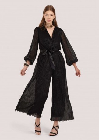 Closet GOLD Black Puff Sleeve Plisse Jumpsuit – floaty metallic party wear - flipped