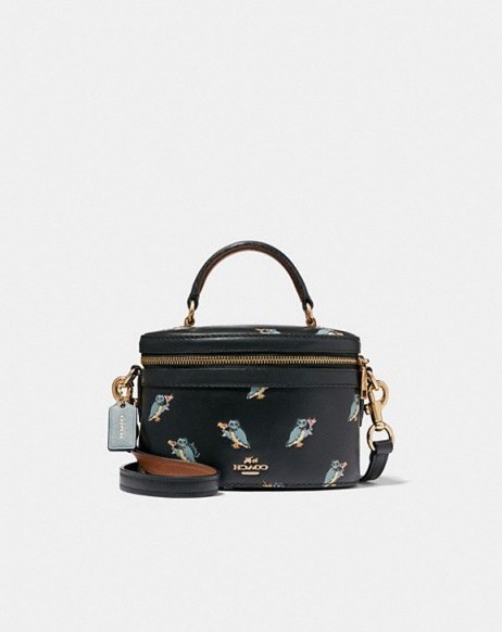 COACH Trail Bag With Party Owl Print BLACK/GOLD – small luxury crossbody - flipped