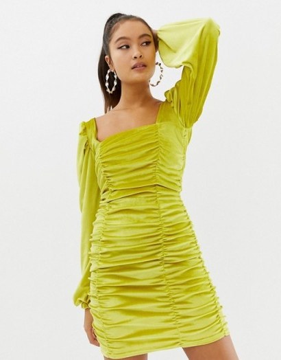 COLLUSION ruched bodycon mini dress in velvet in yellow – fitted party fashion - flipped