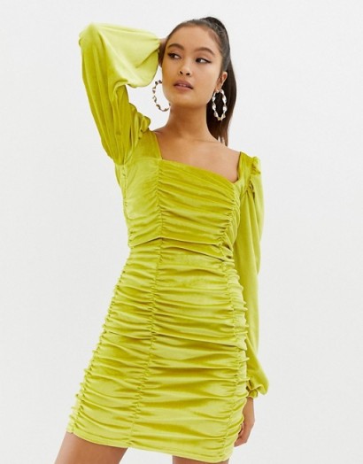 COLLUSION ruched bodycon mini dress in velvet in yellow – fitted party fashion