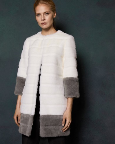 TED BAKER MINIKI Colour block faux fur coat in ivory / luxe coats