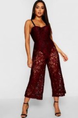 boohoo Corded Lace Cupped Sweetheart Jumpsuit in Burgundy | semi sheer party fashion