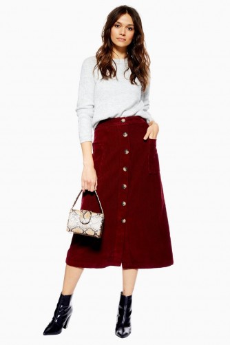 Topshop Corduroy Button Midi Skirt in Burgundy | dark red cord skirts