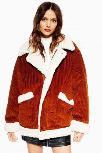 Topshop Corduroy Zip Up Jacket in Tobacco | snugly brown cord winter jackets - flipped