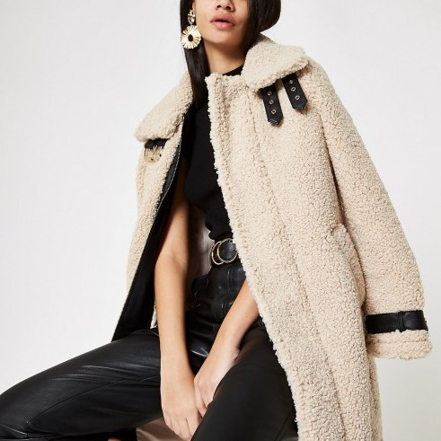 RIVER ISLAND Cream oversized shearling fur aviator coat – luxe style winter coat - flipped