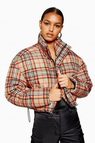 TOPSHOP Cropped Check Puffer Jacket in Orange - flipped
