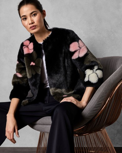 TED BAKER FURRIY Cropped faux fur floral jacket in black