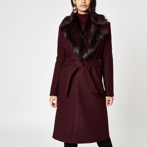 RIVER ISLAND Dark red faux fur trim belted robe coat – classic winter wrap coats - flipped