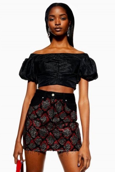 Topshop Denim Skirt with Snake Crystal in Washed Black | frayed hemline - flipped