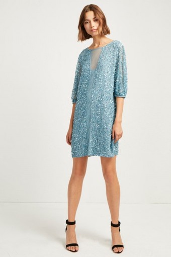 FRENCH CONNECTION DIANA SEQUIN PUFF SLEEVE DRESS in Frosty | sparkly blue shift
