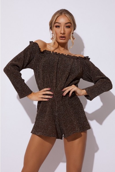 IN THE STYLE DINNA COPPER BARDOT GLITTER PLAYSUIT – metallic brown playsuits