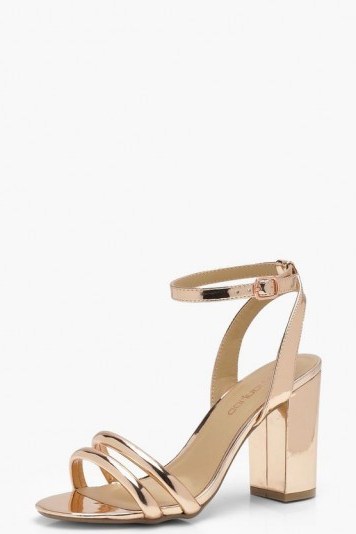 boohoo Ankle Wrap Strap Heels in Rose Gold | strappy metallic party shoes - flipped