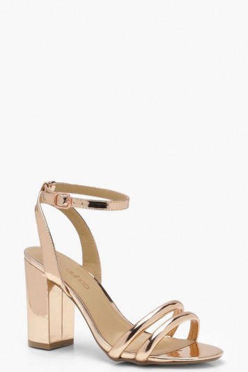 boohoo Ankle Wrap Strap Heels in Rose Gold | strappy metallic party shoes