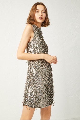 FRENCH CONNECTION EDDA SPARKLE TEAR DROP BODYCON DRESS in Silver | retro metallic party frock - flipped