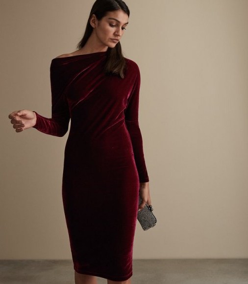 REISS ELSA VELVET DRAPE DETAIL DRESS BERRY ~ sophisticated evening look - flipped