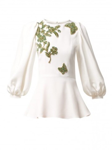 ANDREW GN Ivory bead embellished balloon-sleeve crepe blouse ~ peplum hemline - flipped