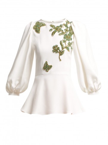 ANDREW GN Ivory bead embellished balloon-sleeve crepe blouse ~ peplum hemline