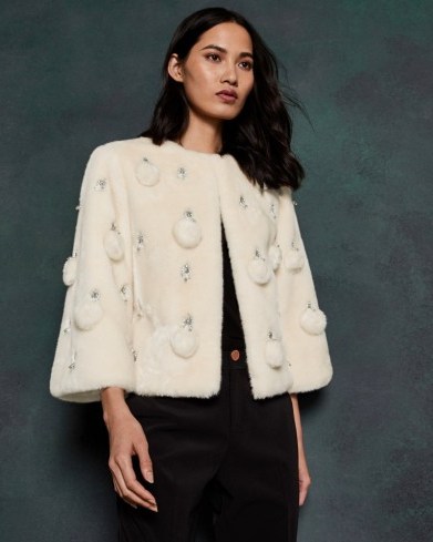TED BAKER BILLIEE Embellished cropped faux fur jacket in ivory / luxe evening jackets - flipped