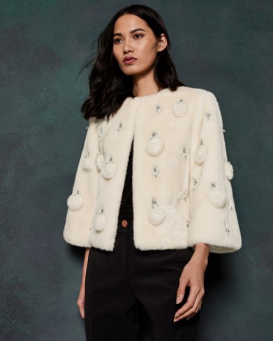 TED BAKER BILLIEE Embellished cropped faux fur jacket in ivory / luxe evening jackets