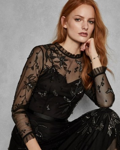 TED BAKER VELLO Embellished tulle midi dress in black / sequined butterflies and flowers - flipped