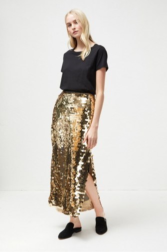 FRENCH CONNECTION EMILIA SEQUIN JERSEY MIDI SKIRT in Black/Antique Gold | shimmering party skirts - flipped