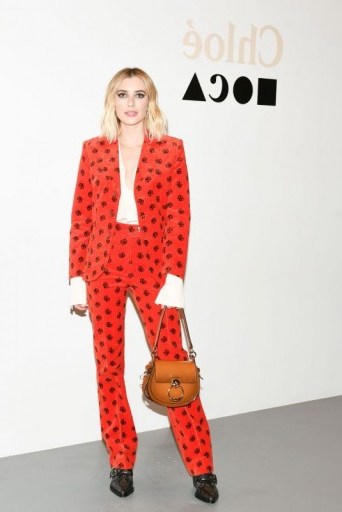 Emma Roberts black buckled boots worn with a red printed trouser suit at the Chloe and Museum of Contemporary Art Dinner, 27 November 2018 – CHLOE Rylee Leather Lace Up Buckle Boots | celebrity footwear - flipped