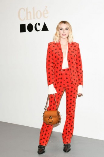 Emma Roberts black buckled boots worn with a red printed trouser suit at the Chloe and Museum of Contemporary Art Dinner, 27 November 2018 – CHLOE Rylee Leather Lace Up Buckle Boots | celebrity footwear