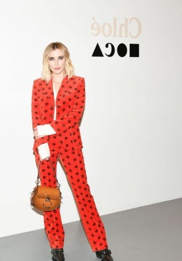 Emma Roberts red printed blazer with matching trousers, Chloé Velvet Horse Embellished Jacket, attending Chloe and Museum of Contemporary Art Dinner in LA, 27 November 2018 | celebrity jackets - flipped
