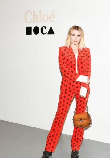 Emma Roberts red printed blazer with matching trousers, Chloé Velvet Horse Embellished Jacket, attending Chloe and Museum of Contemporary Art Dinner in LA, 27 November 2018 | celebrity jackets