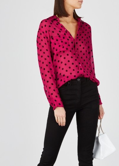 EQUIPMENT Daddy fuchsia polka-dot silk shirt – vivid pink spot print shirts - flipped