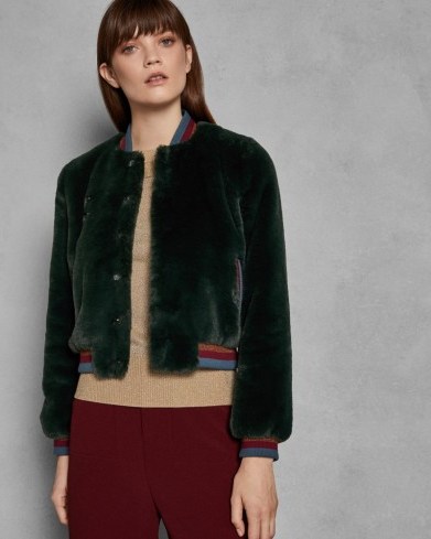 TED BAKER AETHER Faux fur bomber jacket in dark green / casual luxe - flipped