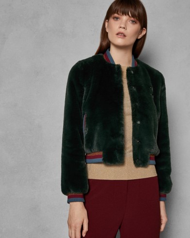TED BAKER AETHER Faux fur bomber jacket in dark green / casual luxe