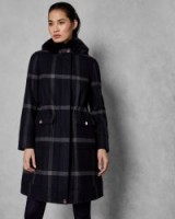 TED BAKER OHNA Faux fur hood checked wool parka in dark blue / large check print coats