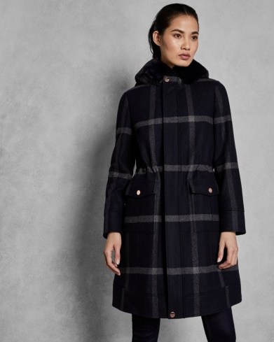 TED BAKER OHNA Faux fur hood checked wool parka in dark blue / large check print coats - flipped