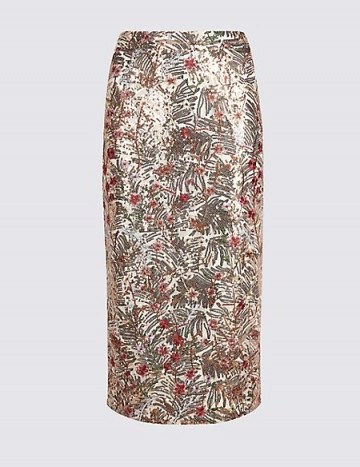 PER UNA Floral Sequin Pencil Skirt in Pink Mix ~ metallic evening skirts - flipped