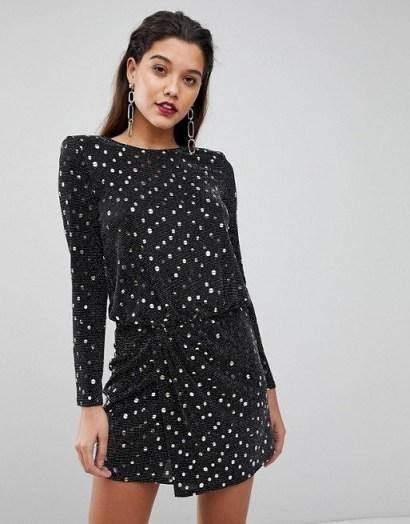 Flounce London sequin mini dress with shoulder pads in black and silver – glamorous party dresses - flipped