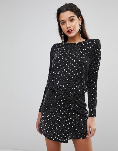 Flounce London sequin mini dress with shoulder pads in black and silver – glamorous party dresses