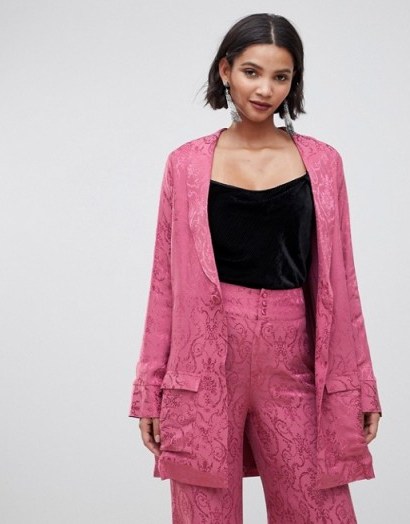 For Love & Lemons Lara smoking jacket in paisley in dusty rose – luxe pink jackets - flipped