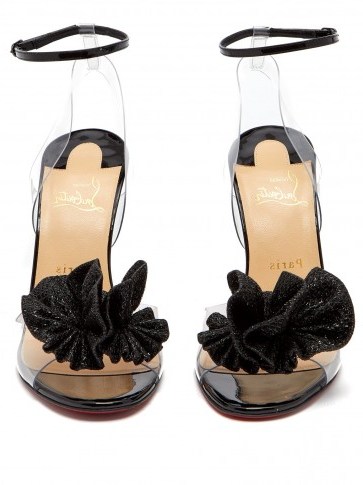 CHRISTIAN LOUBOUTIN Fossiliza 100 black patent leather and clear PVC pompom sandals - flipped