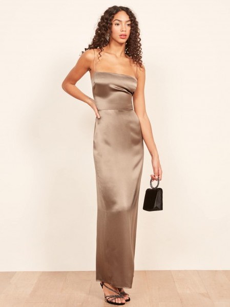 Reformation Frankie Dress in Steel | strappy luxe style maxi - flipped