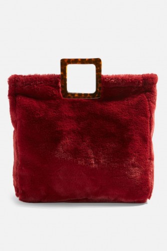 Topshop Freddy Square Faux Fur Tote Bag in Red | fluffy winter handbag