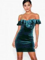 NLY One Frill Neck Velvet Dress in Green | off shoulder party dresses