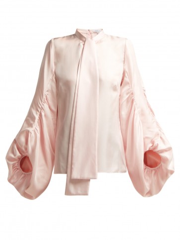 ANDREW GN Gathered pink balloon-sleeve silk blouse