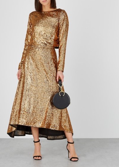 GESTUZ Tito bronze sequin midi skirt ~ metallic party wear - flipped