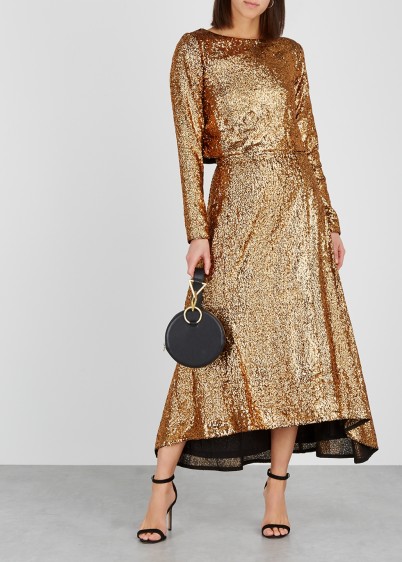 GESTUZ Tito bronze sequin midi skirt ~ metallic party wear